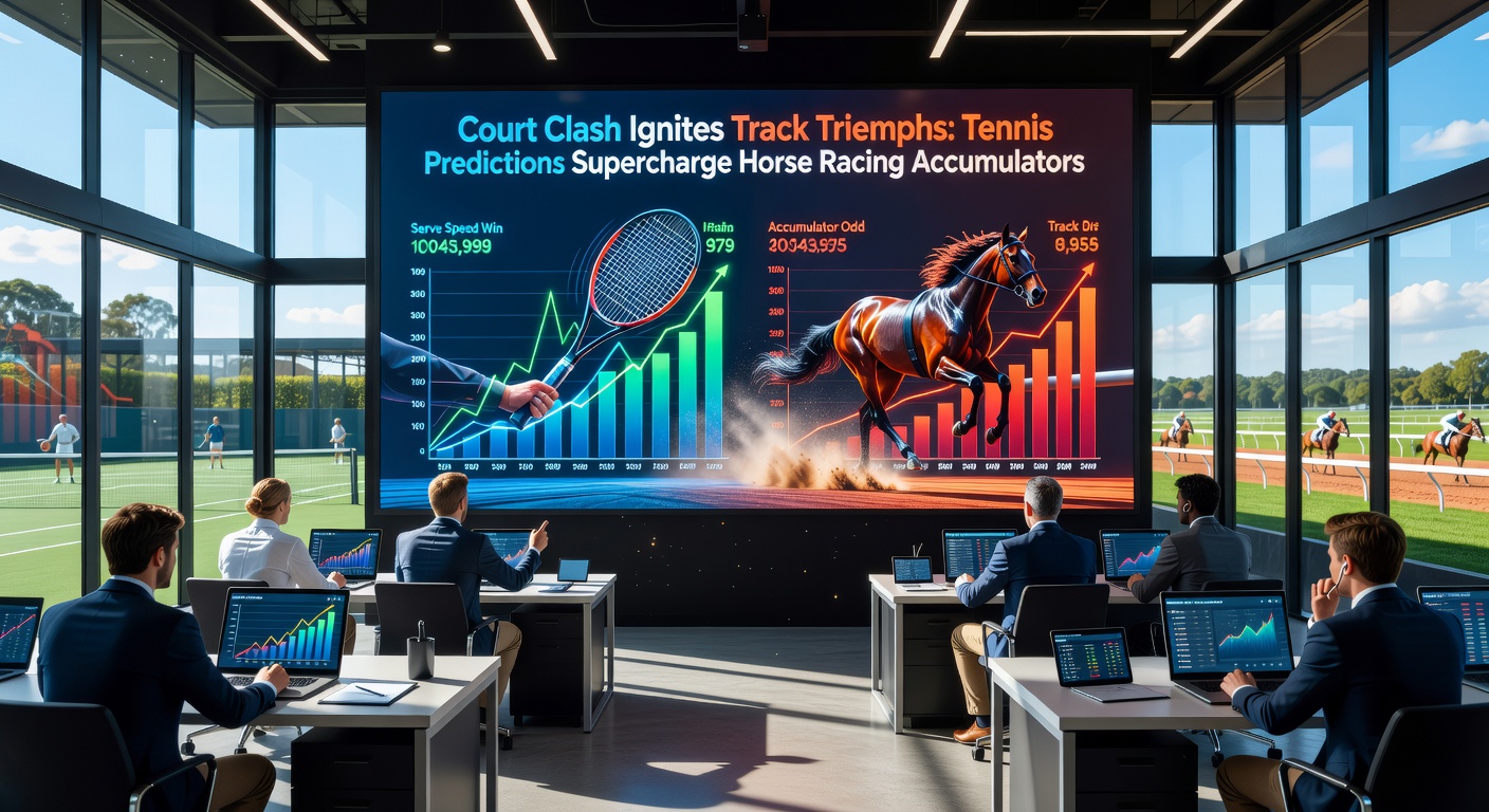 Explosive horse racing finish line crossed by tennis-inspired accumulator bet slip graphic