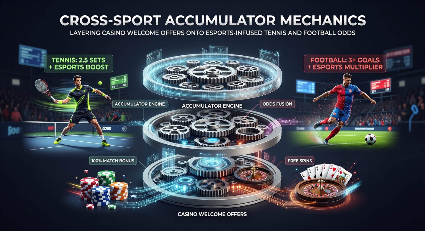 Cross-sport accumulator setup showing tennis, football and esports betting interfaces layered with casino bonus indicators