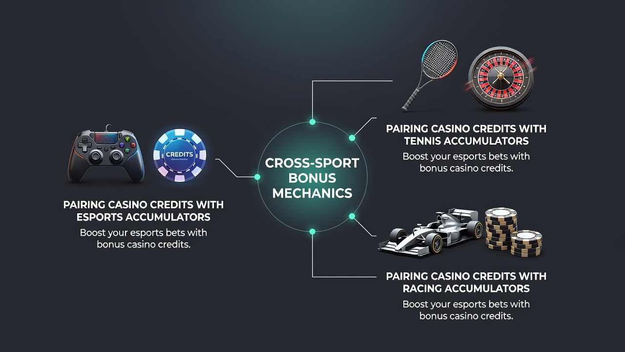 Illustration of accumulator fusion across esports, tennis, and racing with casino credit overlays
