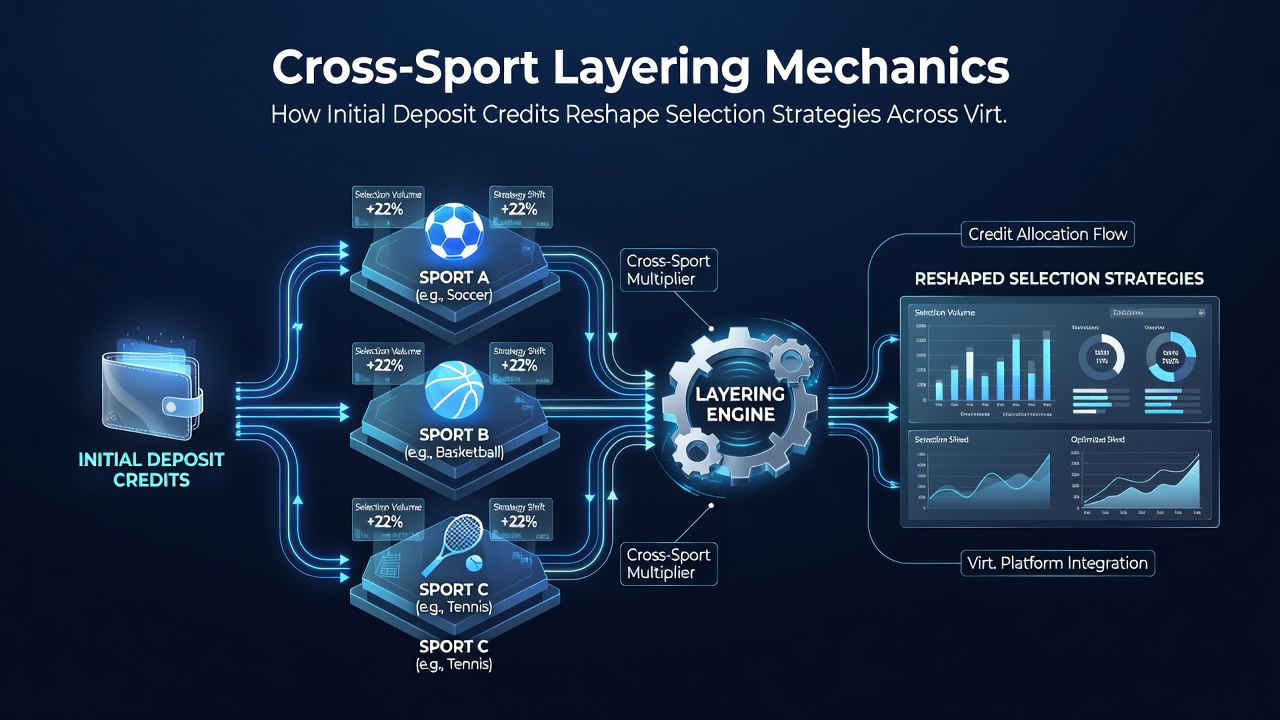 Dashboard view of layered accumulator bets combining horse racing, tennis, and esports with visible credit balance adjustments