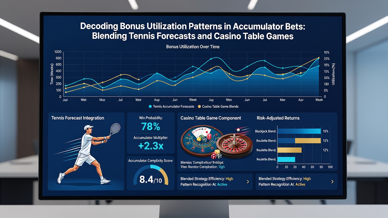 Screen display showing combined accumulator ticket with tennis selections and casino table game outcomes alongside active bonus balance