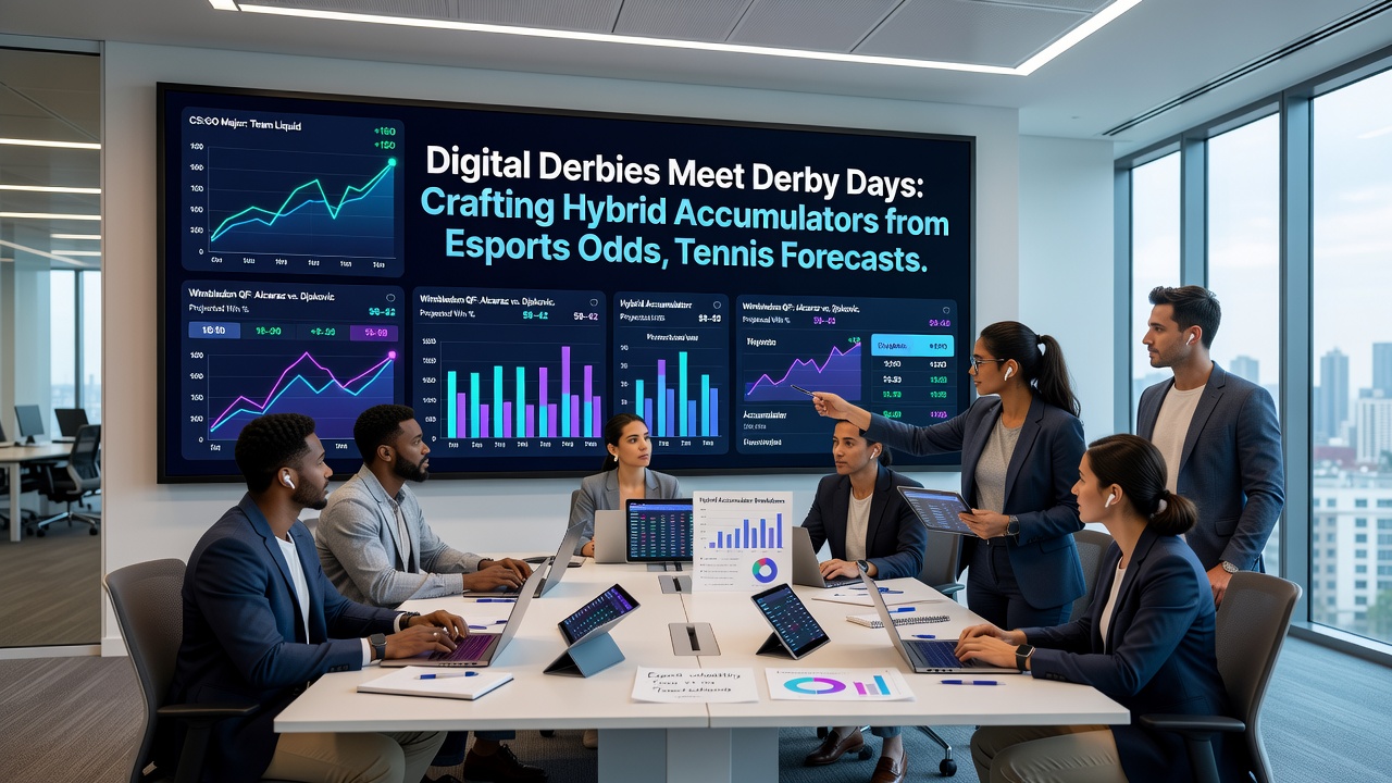 Tennis match in progress with overlaid esports statistics and bonus icons illustrating accumulator building across categories
