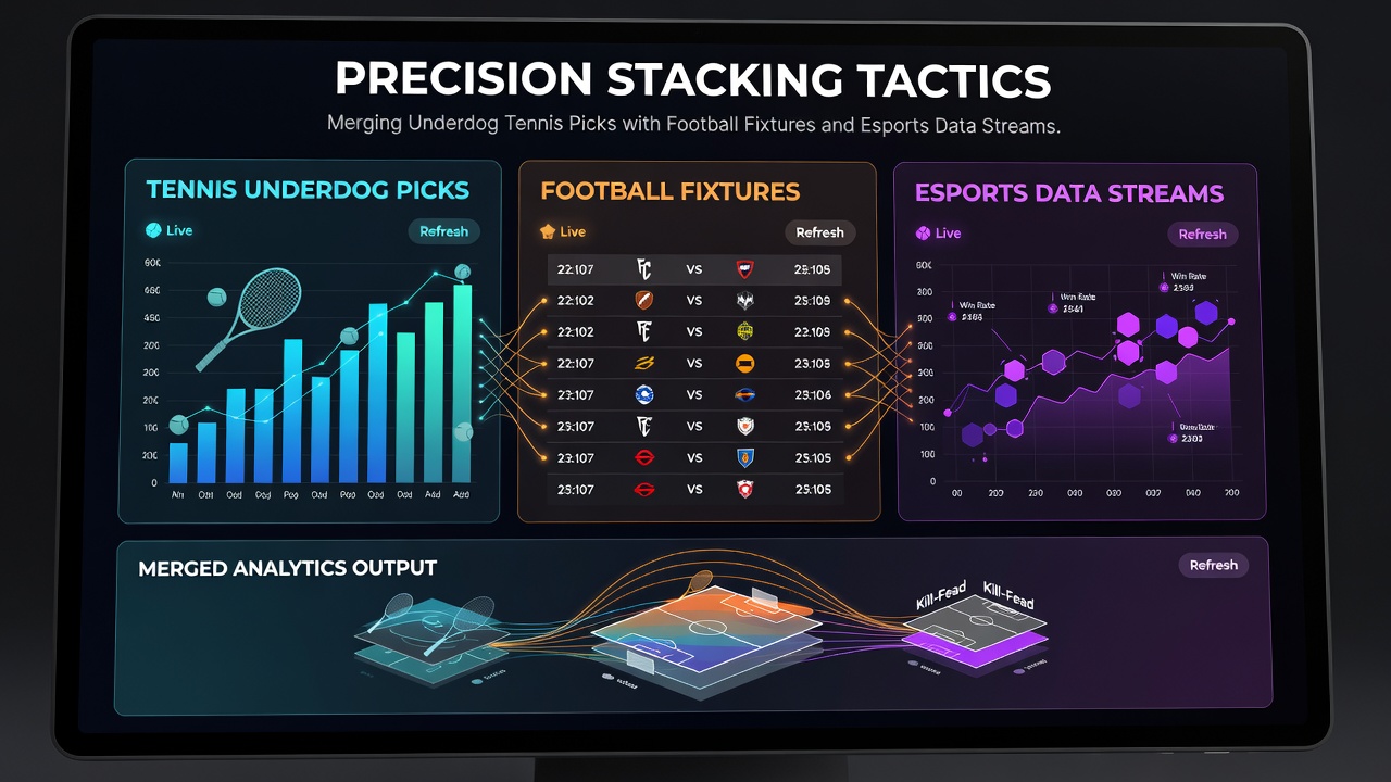 Split-screen view showing live tennis match statistics merging with football odds and esports performance graphs for accumulator planning