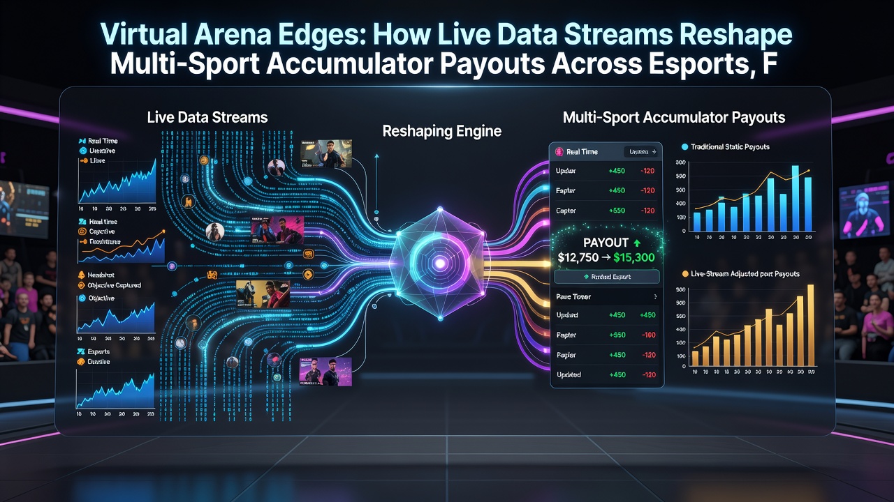 Dashboard showing synchronized live data for esports, football, and racing accumulator legs